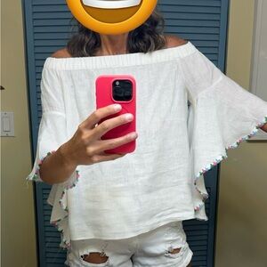 Zara White linen Off-Shoulder Blouse with Multicolor Trim